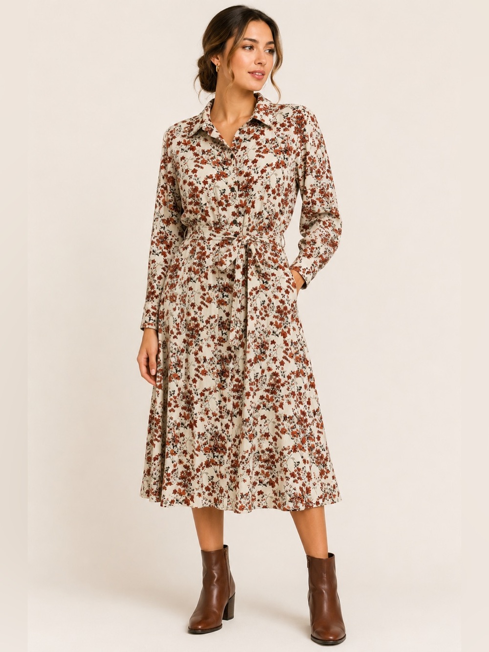 Downeast Floral Button Front Midi Shirt Dress Tie Waist Long Sleeve Size L Boho